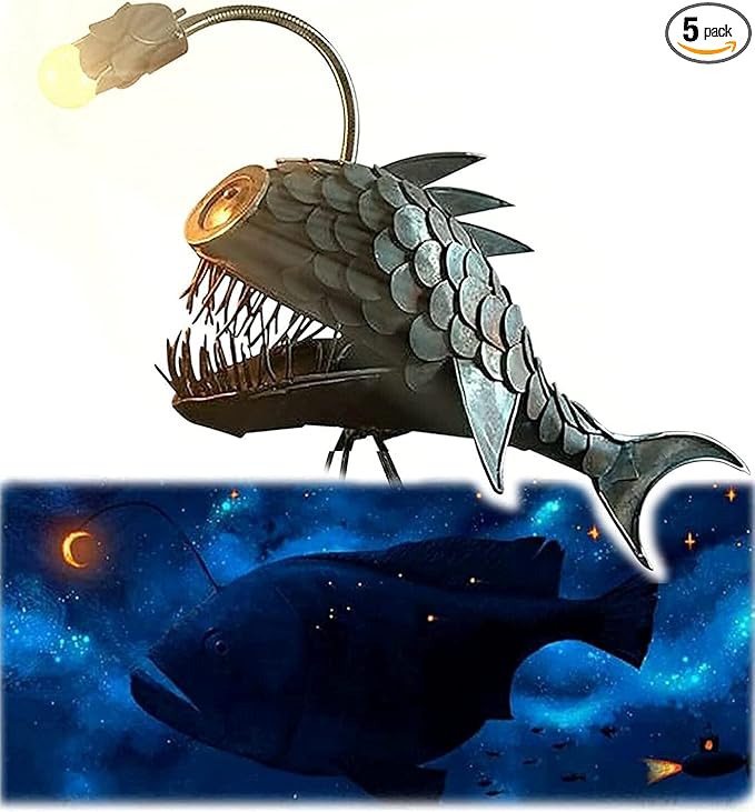 CAFELE Rustic USB Angler Fish Night Light, Steampunk Style Table Lamp with Simulation Flame LED Bulbs, Handmade for Home/Office (5xin) - Bloomnest