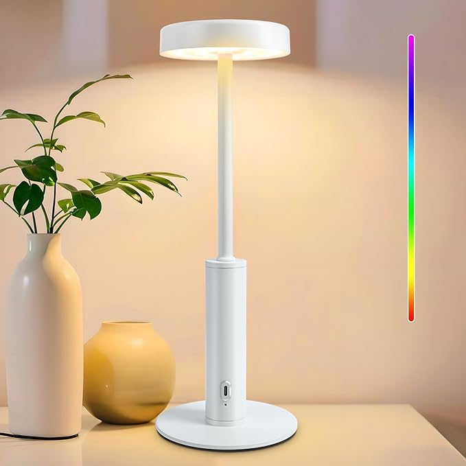Cordless Table Lamp,Portable Rechargeable Battery Desk lamp,3 CCT & 7 RGB Color Changing Dimmable Bedside Lamp,Touch Control Ambient Light for Bedroom/Dining Room/Restaurant/Cafe(White) - Bloomnest