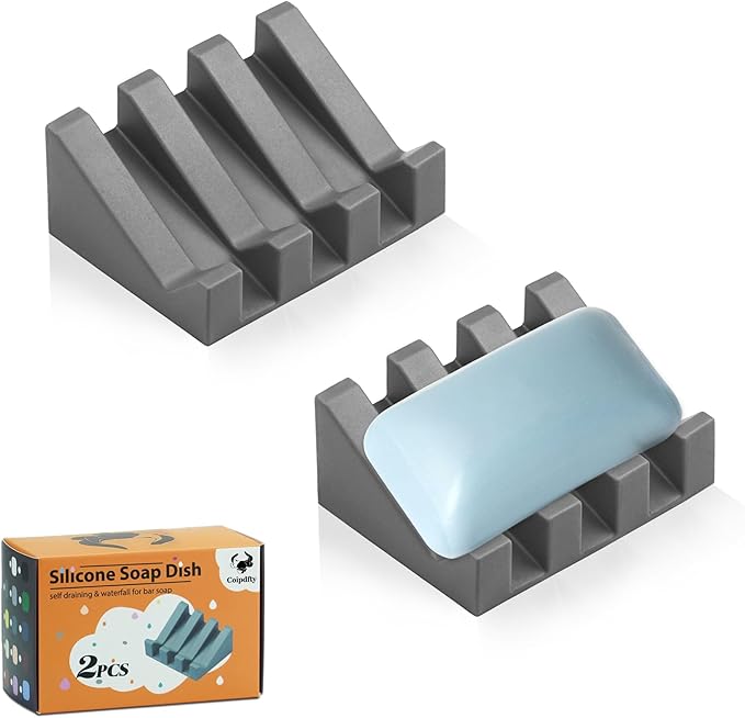 Self Draining Soap Dish Holder,Silicone Soap Dish,for Bathroom,Kitchen, Sponges，Can Extend Soap Life，Keep Soap Bars Dry and Easy Cleaning (Grey,2-Pack) - Bloomnest
