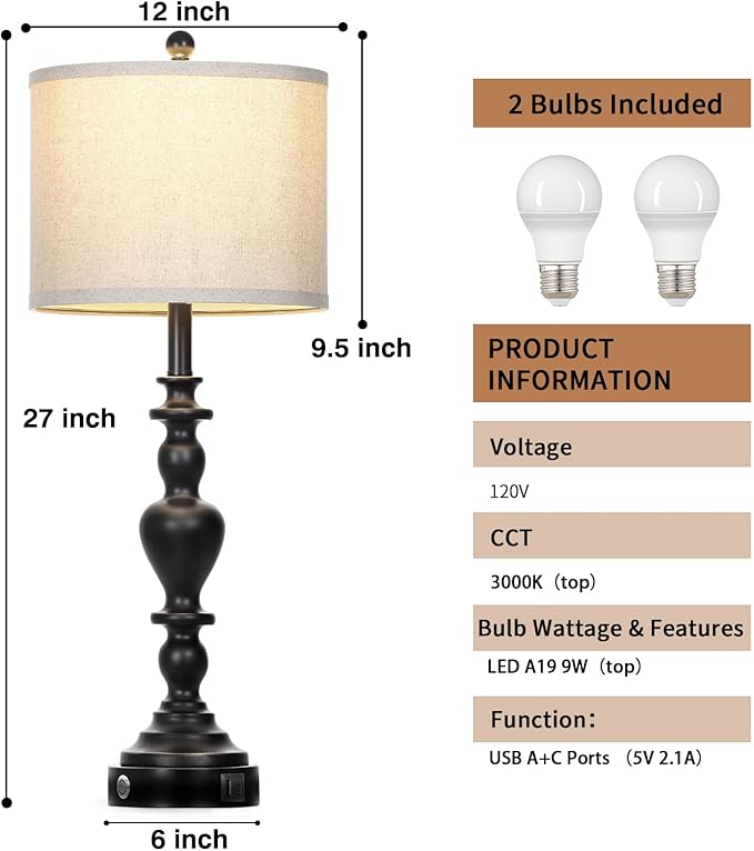 27" Vintage Table Lamps for Living Room Set of 2, Farmhouse Rustic Nightstand Lamps with USB C+A Ports, 3-Way Dimmable Bedside Lamp for Bedrooms Office Dorm, 2 LED Bulbs Included Washed Antique Black - Bloomnest