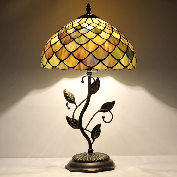 Tiffany Lamp Fish Scales Style Stained Glass Table Lamp Desk Bedside Reading Light 12X12X19 Inches with Metal Leaf Base Decor Bedroom Living Room - Bloomnest
