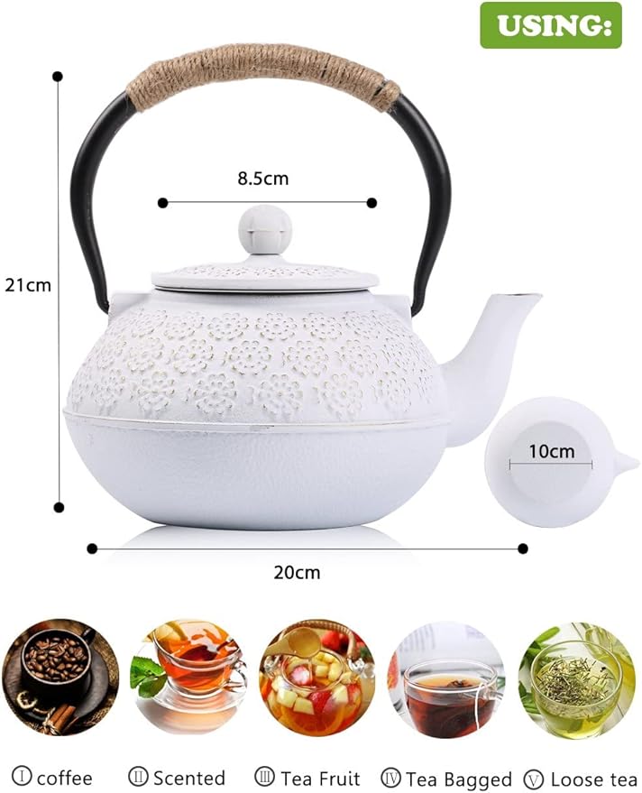 Sotya Cast Iron Teapot, 40oz/1200ml Japanese Tetsubin Tea Pot with Infuser for Loose Leaf and Tea Bags, Tea Kettle Coated with Enameled Interior for Stove Top, White - Bloomnest