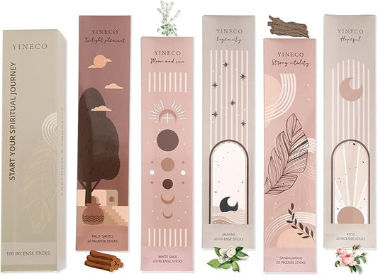 White Sage & Sandalwood Incense Sticks Bundle - 100 Sticks + Holder, 6 Scents (Dragon's Blood, Lavender, Jasmine & More) for Relaxation, Sleep & Positive Energy YINECO