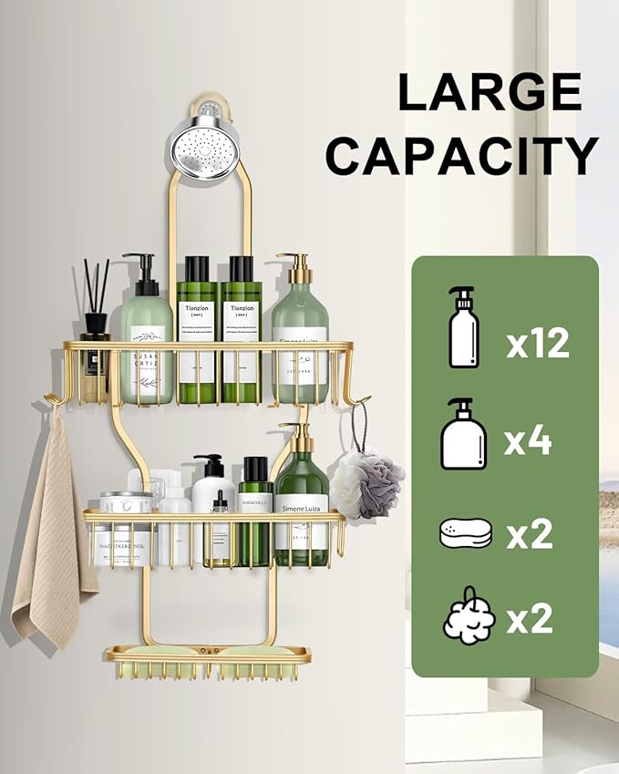 Shower Caddy Hanging - Never Rust Shower Hanging Organizer - Aluminum Over the ShowerHead Caddy with Soap Basket and 6 Razor/Sponge Hooks (Gold) - Bloomnest