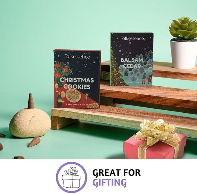 Folkulture Incense Cones | 20 Pc Incense Cone Scented | 2 Fragrance Cone-Insenses - Christmas Cookie & Balsam Cedar | Natural, Non Toxic | Christmas Inscents-Cones | Relaxing, Meditation