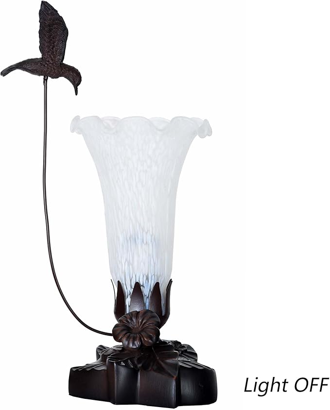 Bieye LL10 Hummingbird Flying Over Lily Flower Blown Glass Table Lamp for Home Decor (White, 4.25Wx12H)