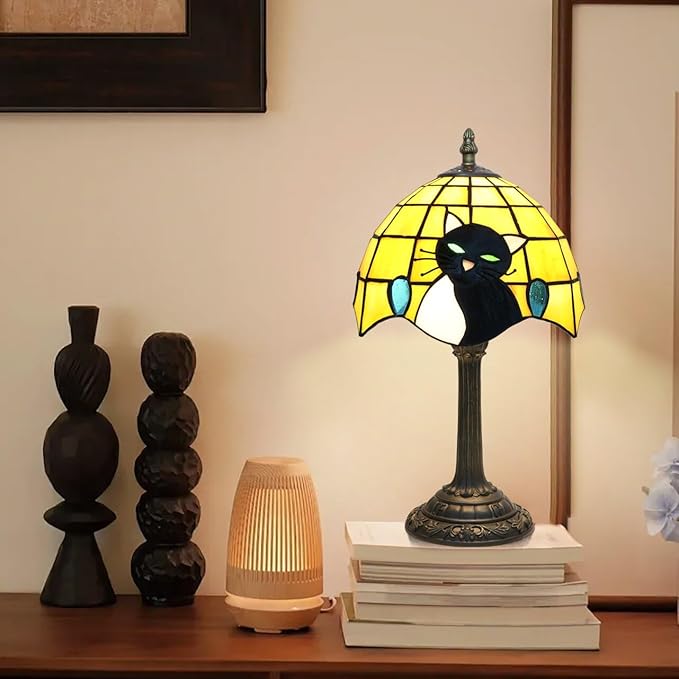Small Tiffany Lamp Stained Glass Table Lamp Elegant Cute Retro Vintage Style White Black Cat Bedside Night Lamp For Nightstand Bedroom Home Decor Kitchen Counter Antique Living Room Office Fun Lamps - Bloomnest