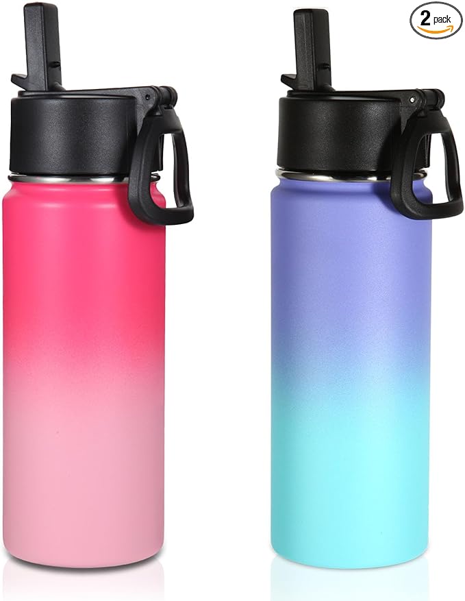 Volhoply 16 OZ Kids Water Bottle Bulk 2 Pack,Insulated Sports Bottles with Straw Lid,Stainless Steel Bottle with Handle Keep Cold&Hot,Double Wall Vacuum Tumbler Cups for School(Assorted, 2) - Bloomnest