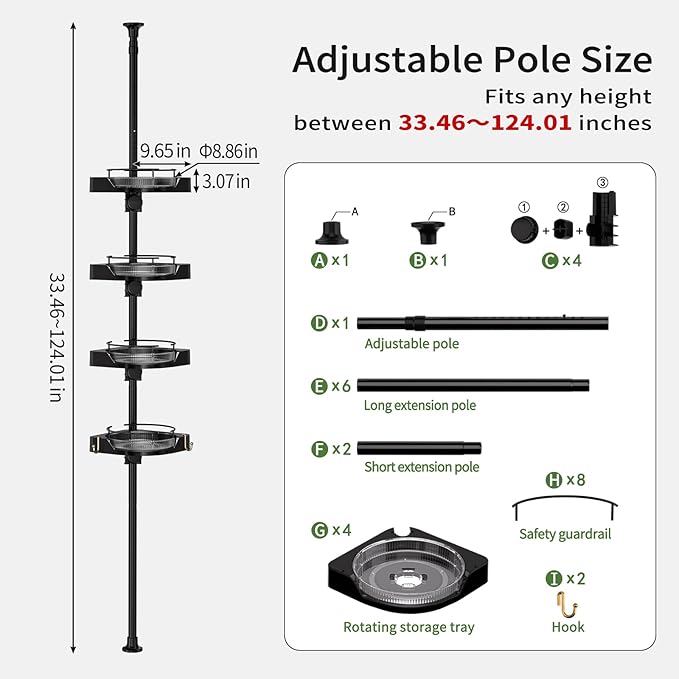 360° Rotating Corner Shower Caddy Tension Pole Organizer - 4-Tier Adjustable Rustproof Metal Pole, Plastic Shelves with Safety Guardrail, Bathroom Storage for Shower & Bathtub(Black) - Bloomnest