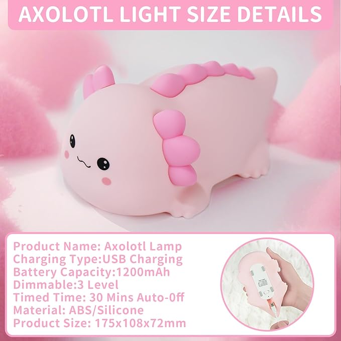 Axolotl Silicone Nursery Night Light, Dimmable LED Animal Lamp with Timer,Cute Gifts Rechargeable Bedroom Bedside Lamp with Touch Sensor Toy for Kids (Axolotl B) - Bloomnest