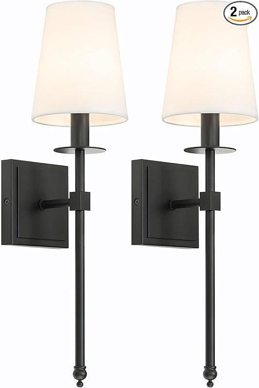 XiNBEi Lighting Black Wall Sconces Set of 2, Classic Sconces Wall Lighting with Flared White Fabric Shade 1 Light Wall Lamps for Bedroom Bedside Corridor & Living Room - Bloomnest