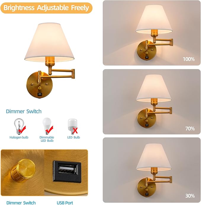 Swing Arm Wall Sconces, Plug-in Wall lamp,Bedroom Wall lamp ， White Fabric Shade，，with dimmable Switch and USB Charging Port, Suitable for Bedside, Living Room, Reading (Golden) - Bloomnest