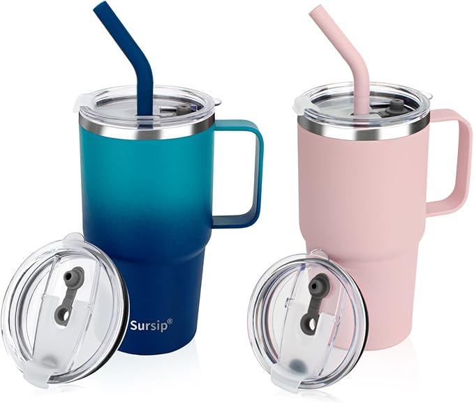 Sursip Kids 24 oz Insulated Cup with Handle, Double Wall Vacuum Stainless Steel Tumbler with Straw and 2 Lids, For Cold/Hot Drinks, Coffee Travel Mug for Car/Home/Office/Party/Camping (2 Pack) - Bloomnest
