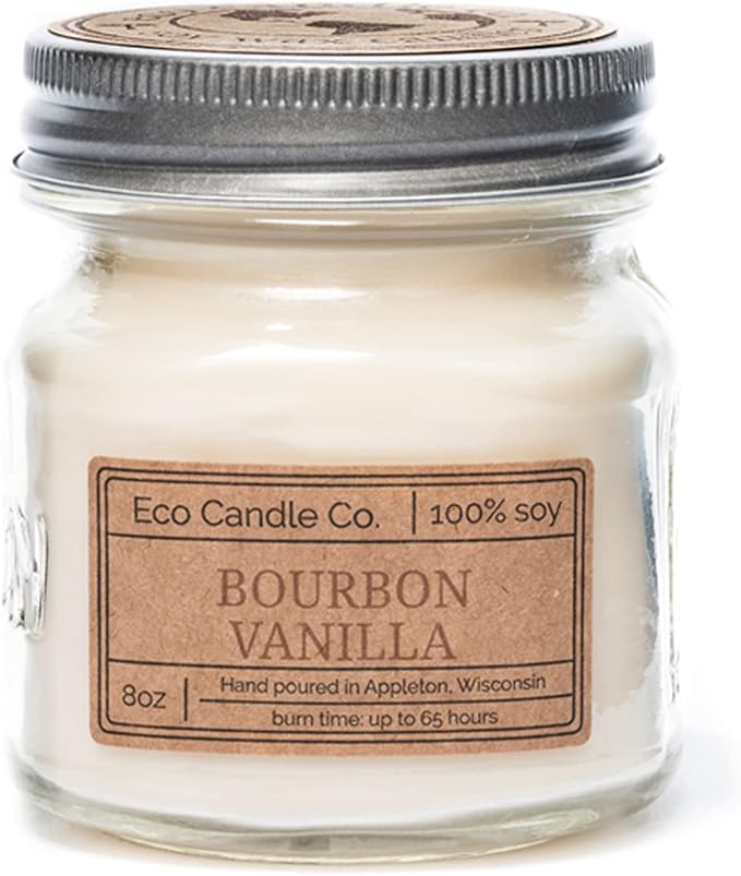 Eco Candle Co. Mason Jar Candle, Bourbon Vanilla, 8 oz. - Scents of Bourbon, Vanilla, Tonka Bean, Cedarwood, & Cardamom - 100% Soy Wax, Kraft Label & Antiqued Pewter Lid, Hand Made, Midwest Soybeans - Bloomnest