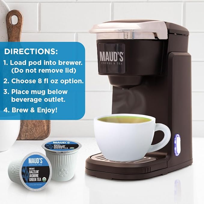 Maud's Organic Jasmine Green Tea Pods, 24 ct, Recyclable Single Serve Tea Pods – 100% Gourmet Blended Tea Leaves, Compatible with Keurig K Cups Maker - Bloomnest