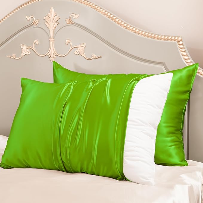 PROMEED 23 Momme Silk Pillowcase 2 Pack with Zipper, 3rd Gen Grade 6A+ 100% Mulberry Silk Pillow Case Set of 2,Silk Cooling Pillow Cases for Hot Sleepers (King 20"x36", Green) - Bloomnest