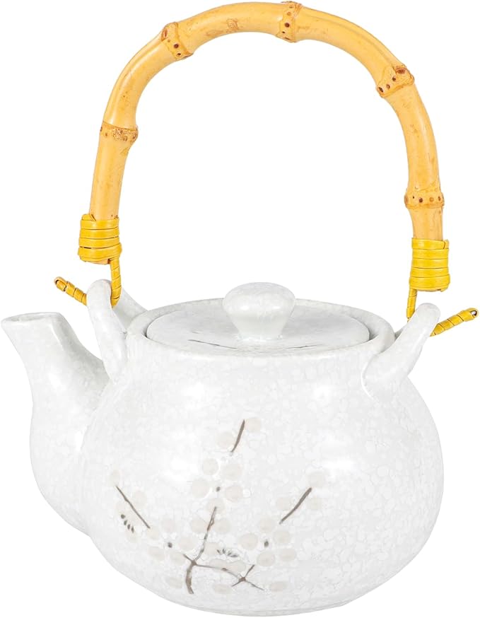 Japanese Plum Blossom Design Tea Set 27 fl oz Teapot with 4 Cups Serving Home Decor Asian Fusion Housewarming Decor (White) - Bloomnest