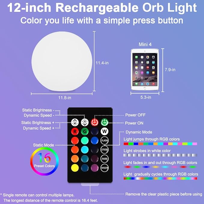 12-in LED Globe Orb Lamp, Dimmable RGB Color Changing Glowing Orb Lights Rechargeable Glowing LED Ball Light w/Remote, Waterproof Outdoor Globe Light Soothing Mood Lamp for Bedroom Garden Patio Decor - Bloomnest