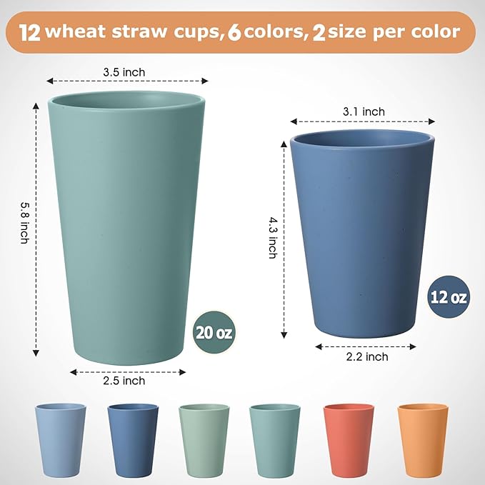 Set of 12 Wheat Straw Cups, 6 Pcs 20 oz & 6 Pcs 12 oz Unbreakable Drinking Cups, Reusable Plastic Cups Sets, Water Glasses Tumblers, Microwave & Dishwasher Safe, Bpa Free, 6 Colors - Bloomnest