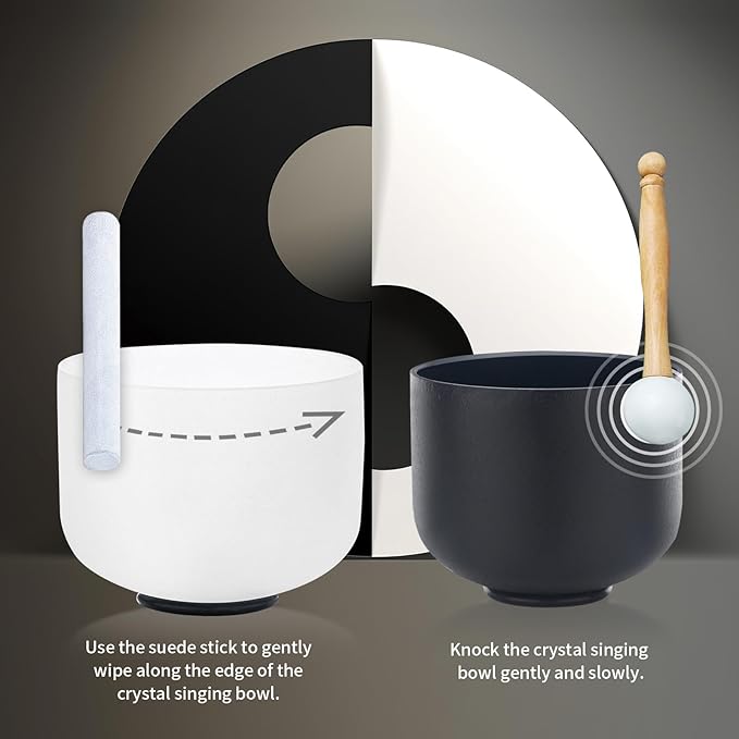Hye-eun Crystal Singing Bowl Set, 2 PCS Yin and Yang 432 Hz 8"A Black and 10"F White Sound Meditation Mutual Attraction Chakra Bowls with Carry Case for Yoga Sound Healing Energy Vibration - Bloomnest