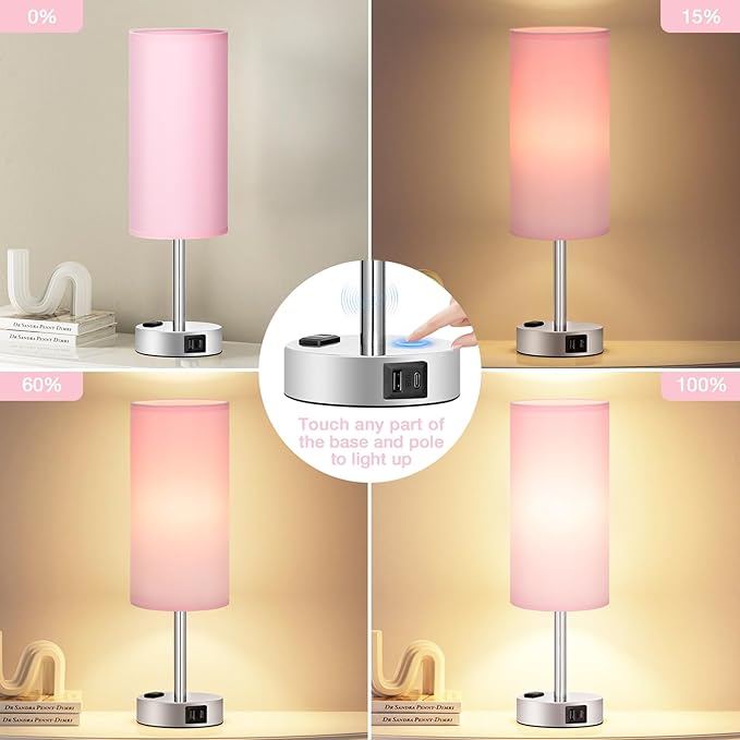 Fenmzee Pink Lamp for Bedroom Nightstand - 3 Way Dimmable Touch Table Lamp USB C Charging Ports, Small Lamp with AC Outlet for Desk Girls Room, LED Bulb Included - Bloomnest