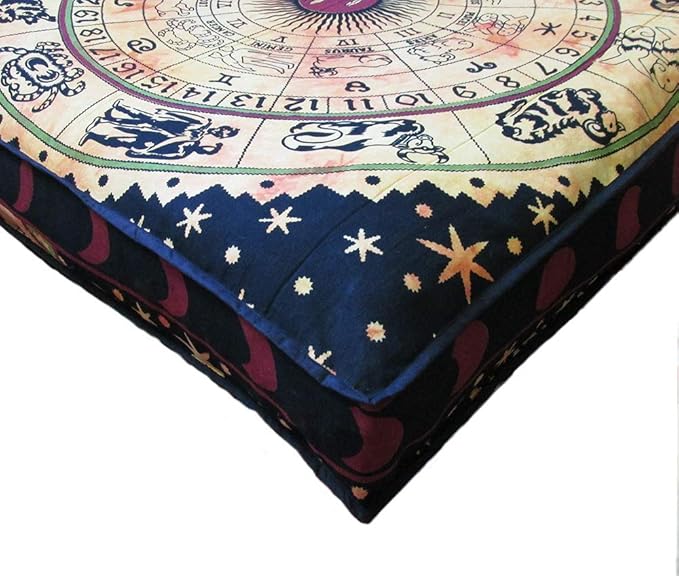 ICC Yellow Zodiac Mandala Barmeri Large Floor Pillow Cover Cushion Meditation Seating Ottoman Throw Cover Hippie Decorative Zipped Bohemian Pouf Ottoman Pom Pom Cases 24" Square - Bloomnest
