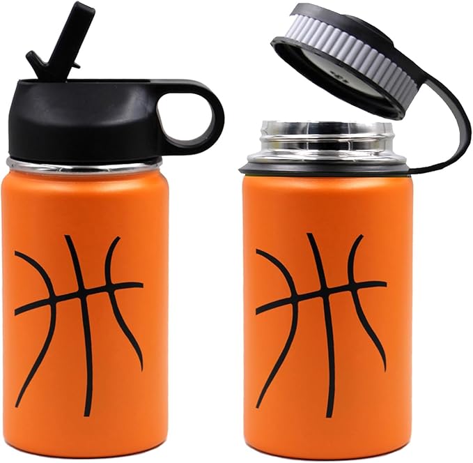 12 oz Basketball Water Bottle, Sports Flask Metal Travel Tumbler with 2 Lids, Stainless Steel Double Wall Vacuum Insulated Thermo Water Bottles, Basketball Accessories Stuff Gifts for Mom Boys Girls - Bloomnest