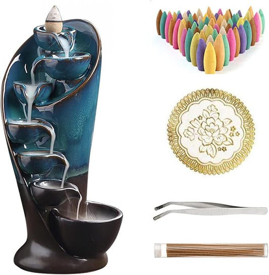 YYW Backflow Incense Burner Holder Handmade Statue Decor Fountain Waterfall Incense Holder with 20 Backflow Incense Cones 30 Incense Sticks 1 Tweezer 1 Mat for Indoor Meditation Yoga (Blue) - Bloomnest
