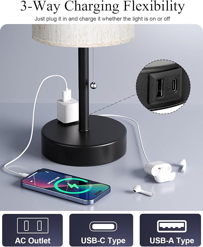 Fenmzee Plus Bedside Table Lamps Set of 2-3 Color Temperatures Pull Chain Lamp with AC Outlet Charging Port, Round Night Stand Lamps for Bedroom Guest Room Office, Bed Side Light with E26 LED Bulbs - Bloomnest