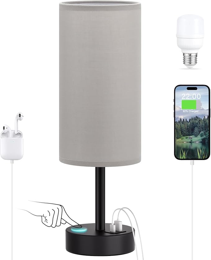 Dicoool Grey Touch Bedside Lamp with USB - 3 Way Dimmable Table Lamp for Bedroom, Nightstand Lamp with Black Charging Station for Desk Dorm, Office, Boy Kids Room, Small - Bloomnest