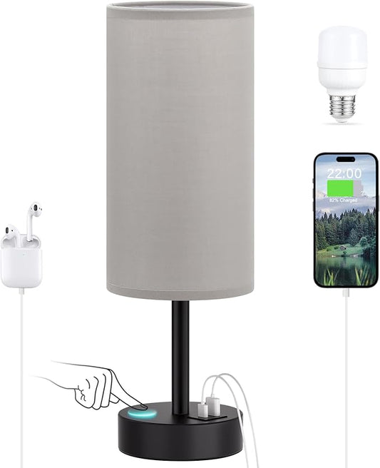 Dicoool Grey Touch Bedside Lamp with USB - 3 Way Dimmable Table Lamp for Bedroom, Nightstand Lamp with Black Charging Station for Desk Dorm, Office, Boy Kids Room, Small - Bloomnest