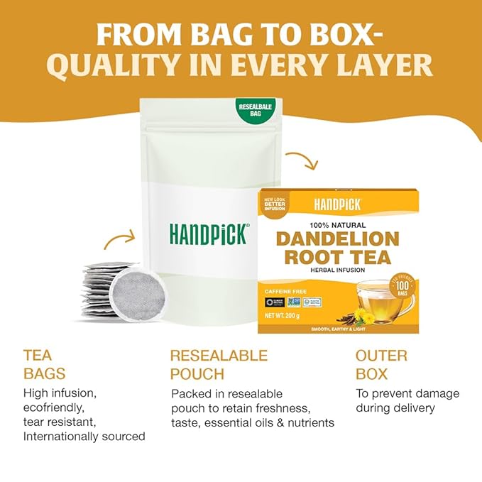 HANDPICK - Dandelion Root Tea bags, 100 Teabags - Natural Dandelion Herbal Tea for Liver & Kidney Health - Non-GMO - Caffeine-free - Support Digestion & Boost Immune System - Bloomnest