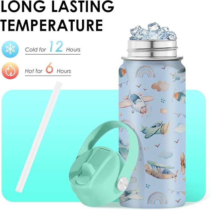 Airplane Gifts - 16oz Kids Blue Airplane Water Bottle with Straw Lid, Stainless Steel Insulated Tumbler, Leakproof, BPA-Free, for Boys, School, Travel - Helicopter Pilot Lovers Birthday Gift Cup (1pc) - Bloomnest