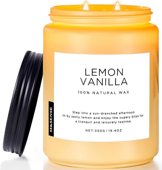 M&SENSE Candles Lemon Vanilla Scented, 19.4oz 110 Hours Long Lasting for Home 2 Wick Natural Soy Wax Non Toxic Candles in Glass Jar, Stress Relief Gifts for Women and Men - Bloomnest