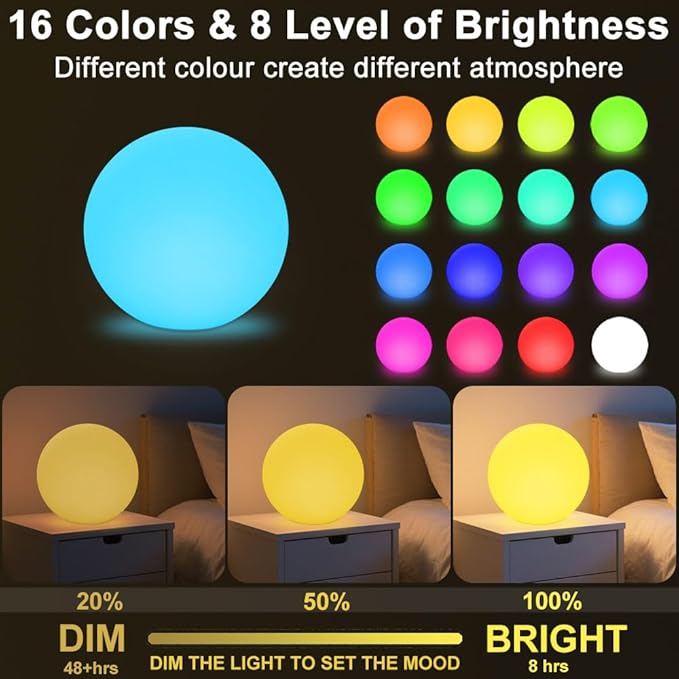 12-in LED Globe Orb Lamp, Dimmable RGB Color Changing Glowing Orb Lights Rechargeable Glowing LED Ball Light w/Remote, Waterproof Outdoor Globe Light Soothing Mood Lamp for Bedroom Garden Patio Decor - Bloomnest