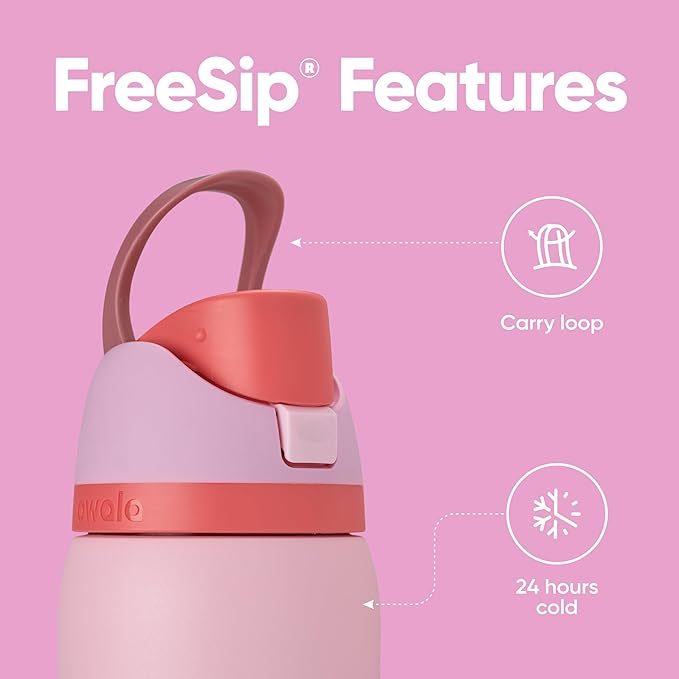 Owala FreeSip Insulated Stainless Steel Water Bottle with Straw for Sports and Travel, BPA-Free Sports Water Bottle, 32 oz, Pink, Angel Food Cake Owala