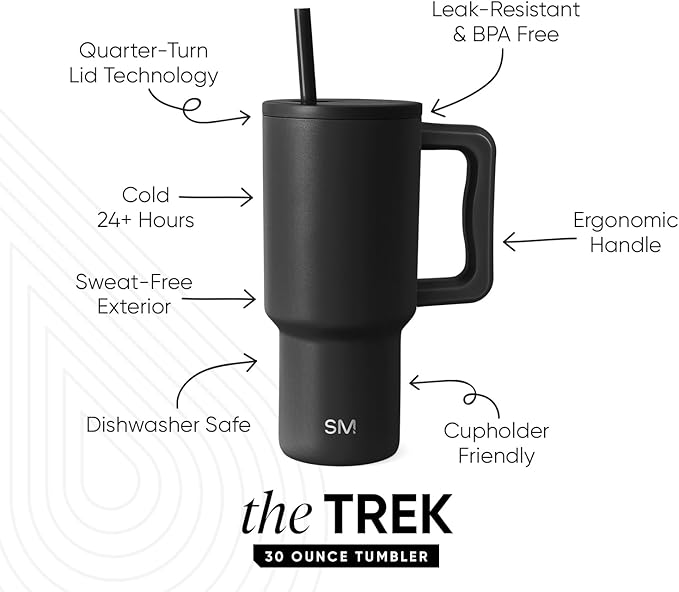 Simple Modern 30 oz Trek Tumbler with Handle and Straw Lid | Cup Holder Friendly Insulated Stainless Steel Travel Mug | Midnight Black SimpleModern
