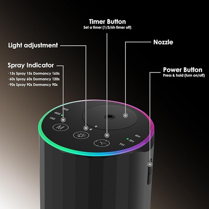 Waterless Essential Oil Diffuser, 7 Colors LED Light, Battery Powered Mini Scent Air Machine, Aromatherapy Mist Diffuser for Home Room Car Office，Black Aluminum Alloy - Bloomnest