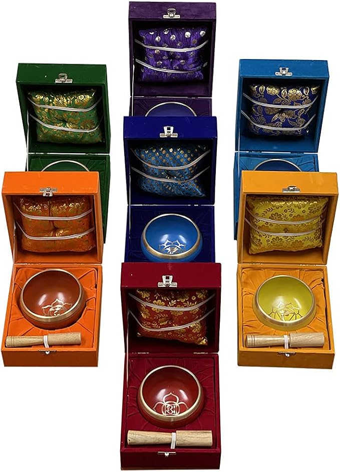 Chakra Singing Bowls Set Cuencos Tibetanos With Cushion Mallet Tulsi Beads Mala Tibetan Prayer Flag For Meditation Mindfulness - Style2 Size Medium TRUMIRI