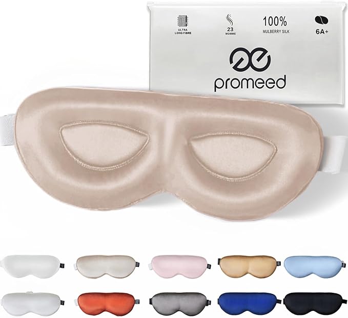 PROMEED Adjustable 23 Momme Mulberry Silk Sleep Mask, 3D Contoured No-Pressure Cup Eye Mask for Sleeping, Super Soft Breathable Blindfold, Perfect Blocks Light for Sleeping (Champagne) - Bloomnest