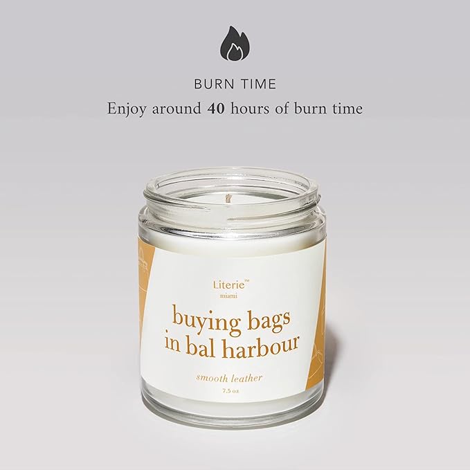 Literie Miami Inspired Scented Candle: Buying Bags in Bal Harbor - Smooth Leather Scent, 7.5oz, 40 Hour Burn, Vegan Soy & Coconut Blend Candle for Home Decor, Gift for Women & Men - Bloomnest
