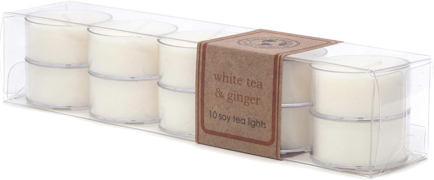 ECO CANDLE CO. Tea Light Candles, White Tea & Ginger, 10-Pack - Scents of White Tea, Spices, Citrus, Jasmine, & Ginger - Recyclable, 100% Soy Wax, No Lead, Hand Poured, Midwest Soybeans, .6 oz. Each - Bloomnest