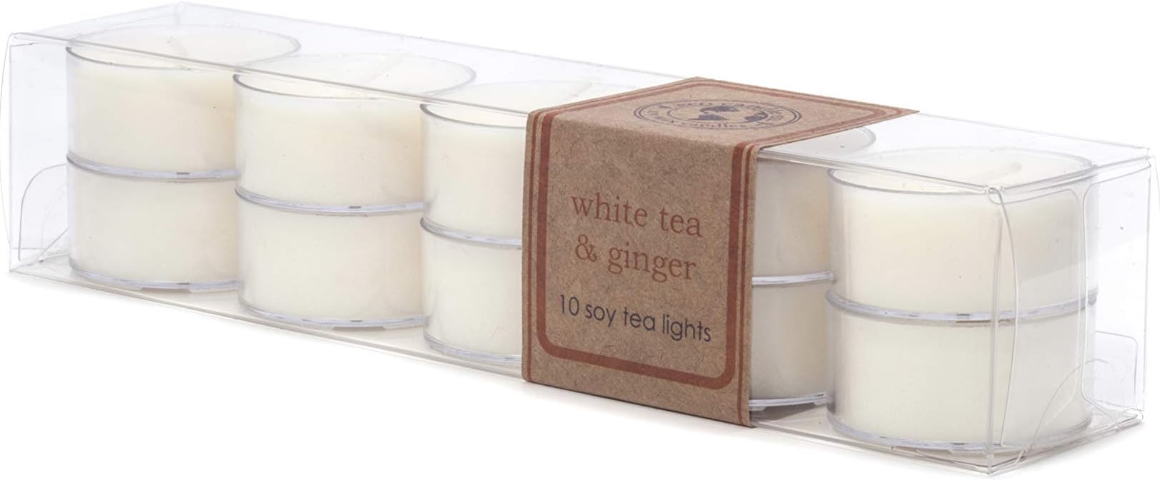 ECO CANDLE CO. Tea Light Candles, White Tea & Ginger, 10-Pack - Scents of White Tea, Spices, Citrus, Jasmine, & Ginger - Recyclable, 100% Soy Wax, No Lead, Hand Poured, Midwest Soybeans, .6 oz. Each - Bloomnest