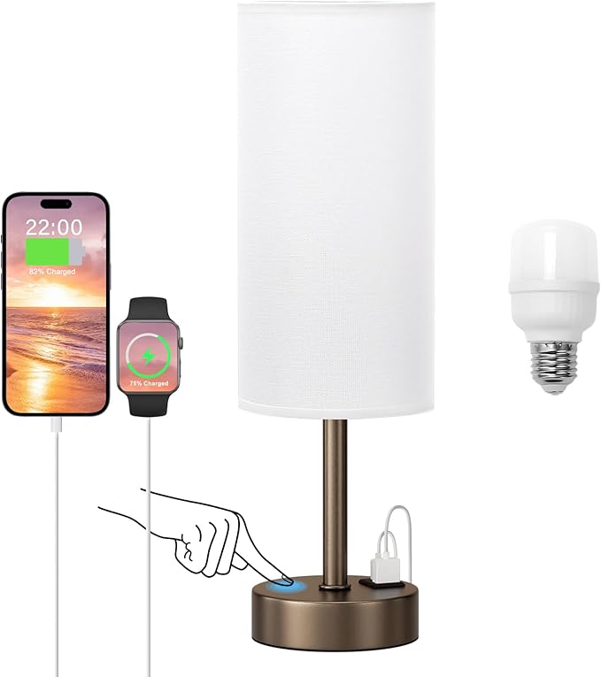 Bedside Touch Table Lamps for Bedroom Nightstand with USB-C USB-A Charging Ports, White & Brown 3 Way Dimmable Small Desk Lamp for Office, Living Room, Reading, Dorm - Bloomnest