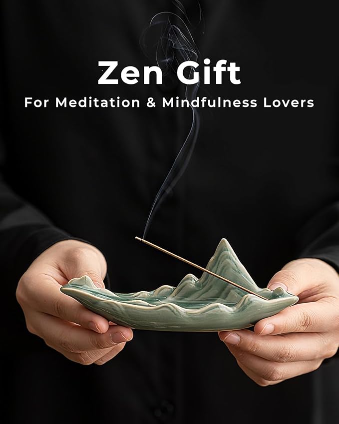 Zen Incense Stick Holder with Ash Catcher – Chinese Rivers & Mountains Landscape Ceramic Boat Incense Burner for Home, Spa, Meditation, Yoga