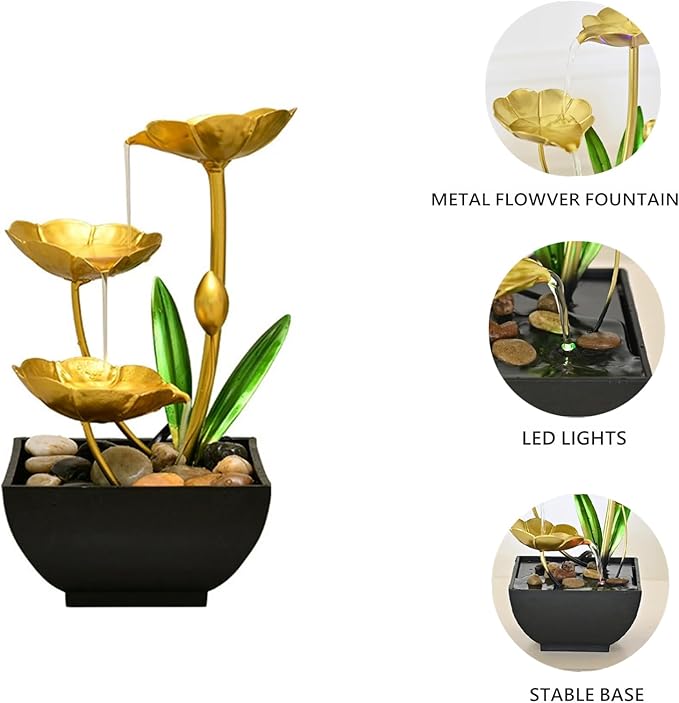 Gold Tabletop Water Fountain, Fall Decor Desktop Waterfall, Indoor Lotus Desktop Decorative Fountain, Home Bathroom Bedroom Decor. - Bloomnest