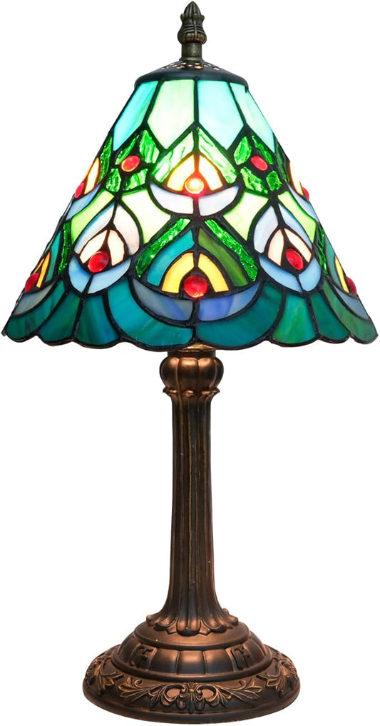 Green Peacock Decor Small Tiffany Style Table Lamp Antique Stained Glass Lamps Vintage Bedroom Bedside Reading Light Living Room Hotel Bar Kitchen Home Red Glass Bead Cute Accent Night Light 8 Inch - Bloomnest