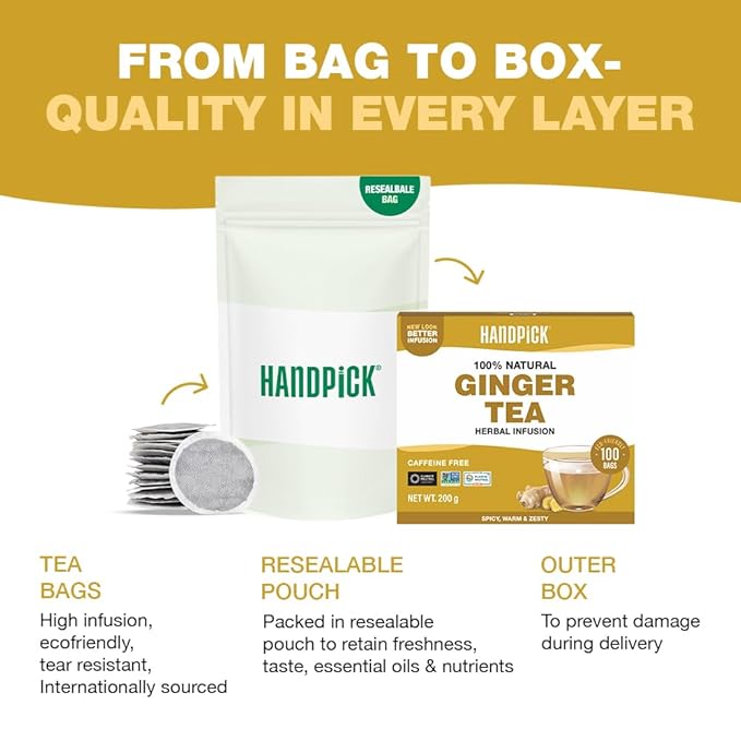 HANDPICK, Ginger Tea Bags (100 Herbal Tea Bags), Authentic Indian Origin, Caffeine Free & 100% Pure Ginger Root |Soothing & Spicy Blend | Round Eco Conscious Teabags - Bloomnest