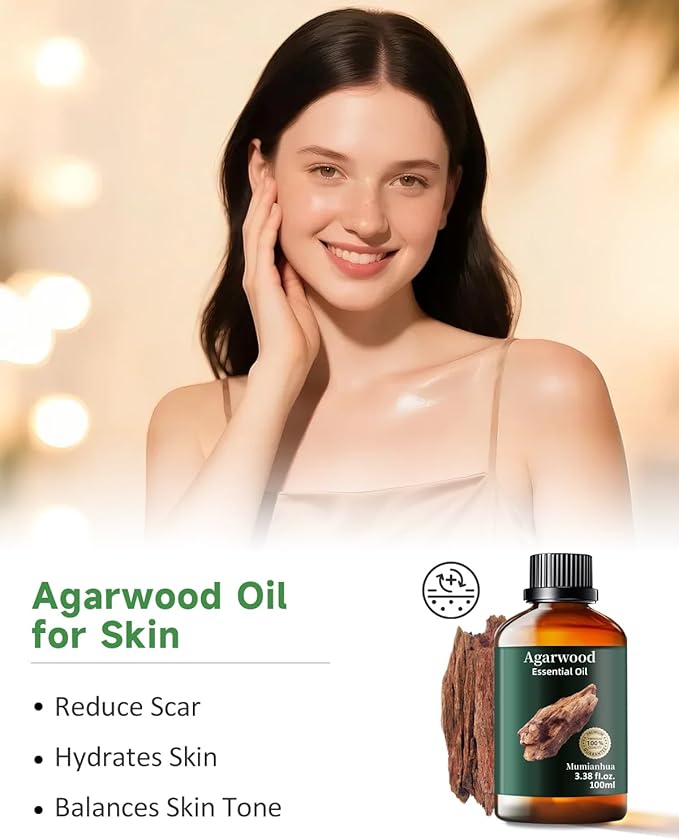 Agarwood Essential Oil, Mumianhua Natural Aromatherapy Agarwood Oil for Aromatherapy, Diffuser, Spray, Skin, Hair Care, Massage, Soap, Candle Making, Perfume 3.38 Fl Oz - Bloomnest