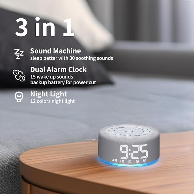 Sound Machine Alarm Clock Brown Noise White Noise Machine Night Light with Dual Alarms Backup Battery 30 Sleeping Sounds for Baby Kids Adults 32 Level Volume 5 Timers 15 Wake Up Sounds Memory Function - Bloomnest